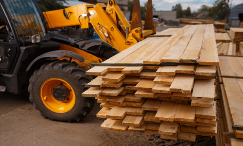A forklift carrying lumber